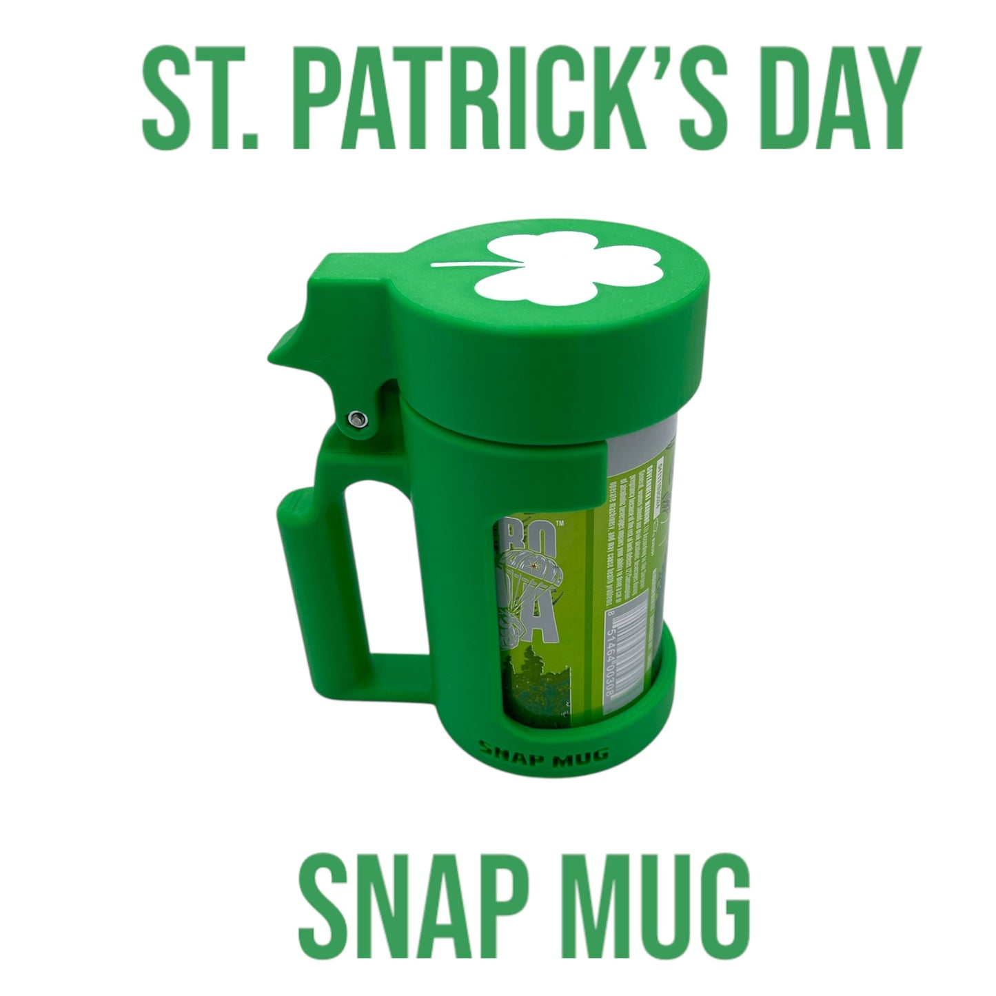 Snap Mug St. Patrick’s Day Shamrock Edition – 3D Printed Mug Handle with Liftable Lid for Aluminum Drink Cans – Drink Like a Mug, Snap-On Handle for Canned Beverages